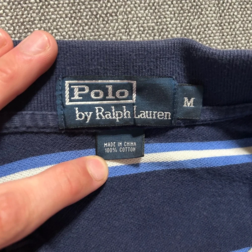 Polo Ralph Lauren Polo Shirt Mens M Navy Blue Striped Cotton Short Sleeve Pique